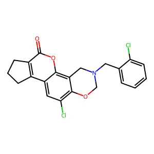 11-chloro-3-(2-chlorobenzyl)-3,4,8,9-tetrahydro-2H-cyclopenta[3,4]chromeno[8,7-e][1,3]oxazin-6(7H)-one structure