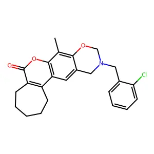 11-(2-chlorobenzyl)-8-methyl-2,3,4,5,11,12-hexahydro-10H-cyclohepta[3,4]chromeno[6,7-e][1,3]oxazin-6(1H)-one structure