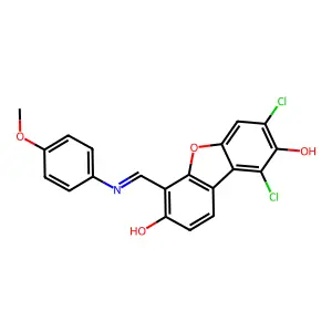 1,3-dichloro-6-[(4-methoxyphenyl)iminomethyl]dibenzofuran-2,7-diol structure