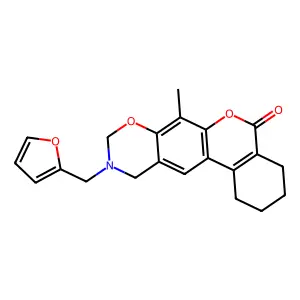 10-(furan-2-ylmethyl)-7-methyl-1,2,3,4,9,11-hexahydroisochromeno[4,3-g][1,3]benzoxazin-5-one structure