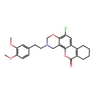 12-chloro-3-[2-(3,4-dimethoxyphenyl)ethyl]-3,4,7,8,9,10-hexahydro-2H,6H-benzo[3,4]chromeno[8,7-e][1,3]oxazin-6-one structure
