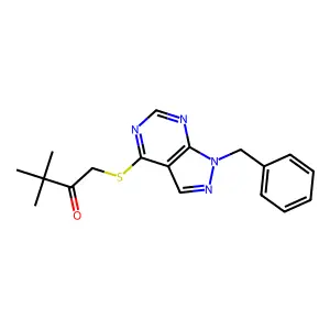 1-[(1-benzyl-1H-pyrazolo[3,4-d]pyrimidin-4-yl)sulfanyl]-3,3-dimethylbutan-2-one structure