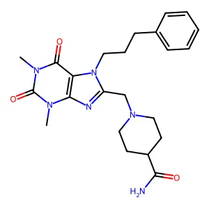 1-{[1,3-dimethyl-2,6-dioxo-7-(3-phenylpropyl)-2,3,6,7-tetrahydro-1H-purin-8-yl]methyl}piperidine-4-carboxamide structure