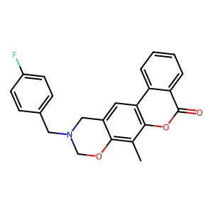 10-(4-fluorobenzyl)-7-methyl-10,11-dihydro-5H,9H-benzo[3,4]chromeno[6,7-e][1,3]oxazin-5-one structure