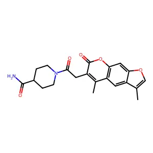 1-[(3,5-dimethyl-7-oxo-7H-furo[3,2-g]chromen-6-yl)acetyl]piperidine-4-carboxamide structure