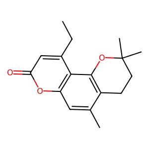 10-ethyl-2,2,5-trimethyl-3,4-dihydro-2H,8H-pyrano[2,3-f]chromen-8-one structure