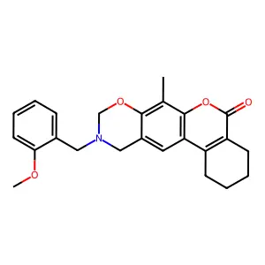 10-(2-methoxybenzyl)-7-methyl-1,2,3,4,10,11-hexahydro-5H,9H-benzo[3,4]chromeno[6,7-e][1,3]oxazin-5-one structure