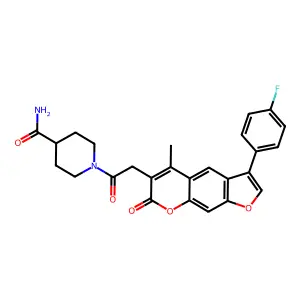 1-{[3-(4-fluorophenyl)-5-methyl-7-oxo-7H-furo[3,2-g]chromen-6-yl]acetyl}piperidine-4-carboxamide structure