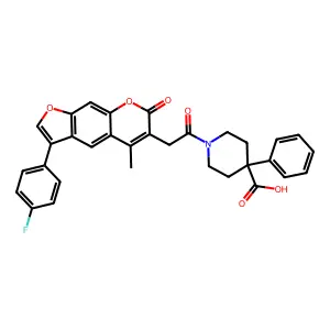 1-[2-[3-(4-fluorophenyl)-5-methyl-7-oxofuro[3,2-g]chromen-6-yl]acetyl]-4-phenylpiperidine-4-carboxylic acid structure