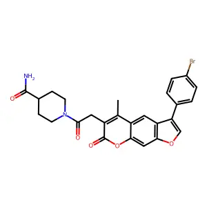 1-[2-[3-(4-bromophenyl)-5-methyl-7-oxofuro[3,2-g]chromen-6-yl]acetyl]piperidine-4-carboxamide structure