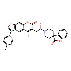 1-[2-[5-methyl-3-(4-methylphenyl)-7-oxofuro[3,2-g]chromen-6-yl]acetyl]-4-phenylpiperidine-4-carboxylic acid structure