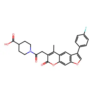 1-{[3-(4-fluorophenyl)-5-methyl-7-oxo-7H-furo[3,2-g]chromen-6-yl]acetyl}piperidine-4-carboxylic acid structure