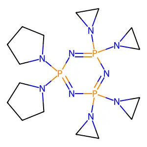 1,1,3,3-Tetraaziridino-2,4,6-triaza-5,5-dipyrrolidinyl-1,3,5-triphosphorin structure