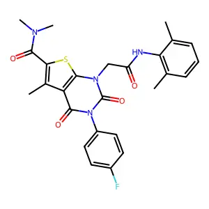 1-[2-(2,6-dimethylanilino)-2-oxoethyl]-3-(4-fluorophenyl)-N,N,5-trimethyl-2,4-dioxothieno[2,3-d]pyrimidine-6-carboxamide structure