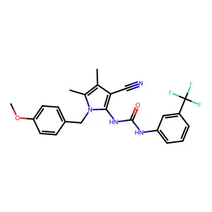 1-[3-cyano-1-[(4-methoxyphenyl)methyl]-4,5-dimethylpyrrol-2-yl]-3-[3-(trifluoromethyl)phenyl]urea structure