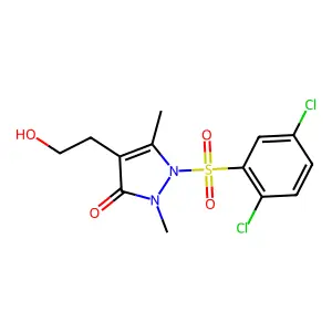 1-[(2,5-dichlorophenyl)sulfonyl]-4-(2-hydroxyethyl)-2,5-dimethyl-1,2-dihydro-3H-pyrazol-3-one structure