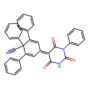 1,2,6-triphenyl-4-(2,4,6-trioxo-1-phenyl-1,3-diazinan-5-ylidene)cyclohexa-2,5-diene-1-carbonitrile structure