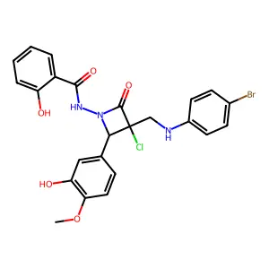 N-[3-[(4-bromoanilino)methyl]-3-chloro-2-(3-hydroxy-4-methoxyphenyl)-4-oxoazetidin-1-yl]-2-hydroxybenzamide structure