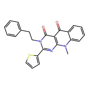 10-methyl-3-(2-phenylethyl)-2-thiophen-2-ylpyrimido[4,5-b]quinoline-4,5-dione structure