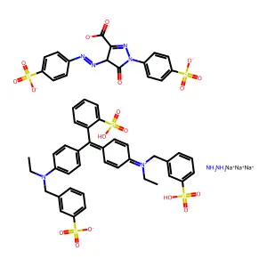 trisodiumazane3-[[N-ethyl-4-[[4-[ethyl-[(3-sulfophenyl)methyl]azaniumylidene]cyclohexa-2,5-dien-1-ylidene]-(2-sulfophenyl)methyl]anilino]methyl]benzenesulfonate5-oxo-1-(4-sulfonatophenyl)-4-[(4-sulfon structure