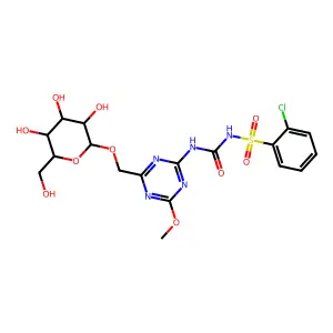 1-(2-chlorophenyl)sulfonyl-3-[4-methoxy-6-[[(2R,3R,4S,5S,6R)-3,4,5-trihydroxy-6-(hydroxymethyl)oxan-2-yl]oxymethyl]-1,3,5-triazin-2-yl]urea structure
