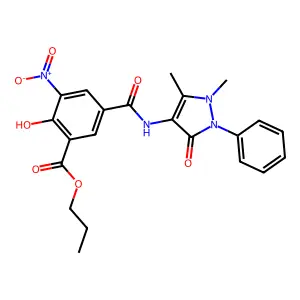 propyl 5-[(1,5-dimethyl-3-oxo-2-phenylpyrazol-4-yl)carbamoyl]-2-hydroxy-3-nitrobenzoate structure