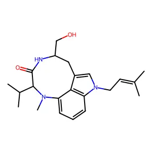 (10R,13R)-13-(hydroxymethyl)-9-methyl-3-(3-methylbut-2-enyl)-10-propan-2-yl-3,9,12-triazatricyclo[6.6.1.04,15]pentadeca-1,4(15),5,7-tetraen-11-one structure