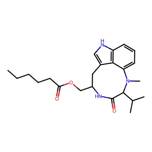 [(10S,13S)-9-methyl-11-oxo-10-propan-2-yl-3,9,12-triazatricyclo[6.6.1.04,15]pentadeca-1,4(15),5,7-tetraen-13-yl]methyl hexanoate structure