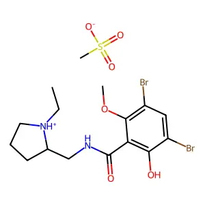 3,5-dibromo-N-[[(2S)-1-ethylpyrrolidin-1-ium-2-yl]methyl]-2-hydroxy-6-methoxybenzamidemethanesulfonate structure