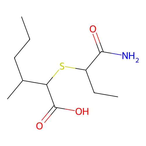 2-(1-Amino-1-oxobutan-2-yl)sulfanyl-3-methylhexanoic acid structure