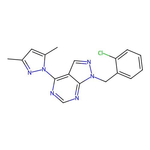 1-(2-chlorobenzyl)-4-(3,5-dimethyl-1H-pyrazol-1-yl)-1H-pyrazolo[3,4-d]pyrimidine structure