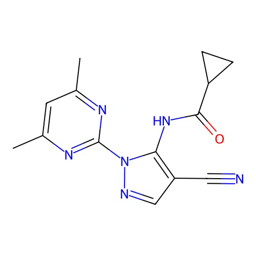 N-[4-cyano-2-(4,6-dimethylpyrimidin-2-yl)pyrazol-3-yl]cyclopropanecarboxamide structure