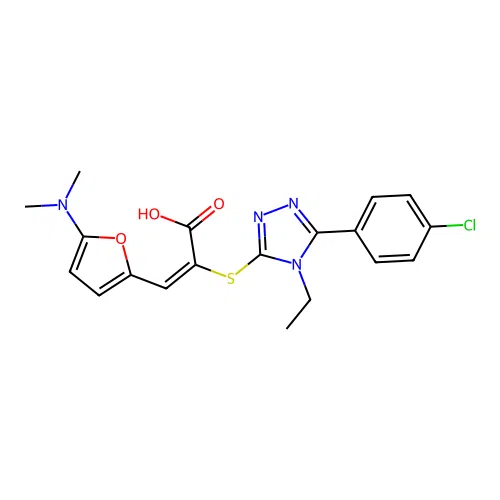 (E)-2-[[5-(4-chlorophenyl)-4-ethyl-1,2,4-triazol-3-yl]sulfanyl]-3-[5-(dimethylamino)furan-2-yl]prop-2-enoic acid structure