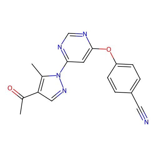 4-((6-(4-acetyl-5-methyl-1H-pyrazol-1-yl)pyrimidin-4-yl)oxy)benzonitrile structure