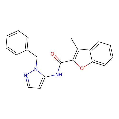 N-(1-benzyl-1H-pyrazol-5-yl)-3-methyl-1-benzofuran-2-carboxamide structure