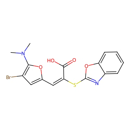 (E)-2-benzooxazol-2-ylsulfanyl-3-(4-bromo-5-dimethylamino-2-furyl)prop-2-enoic Acid structure
