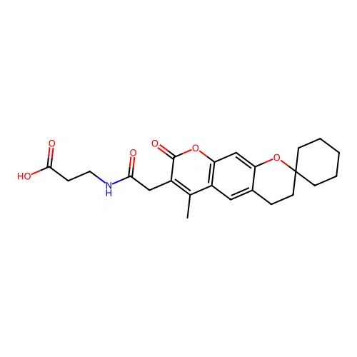 3-(2-(6'-methyl-8'-oxo-4',8'-dihydro-3'H-spiro[cyclohexane-1,2'-pyrano[3,2-g]chromen]-7'-yl)acetamido)propanoic acid structure