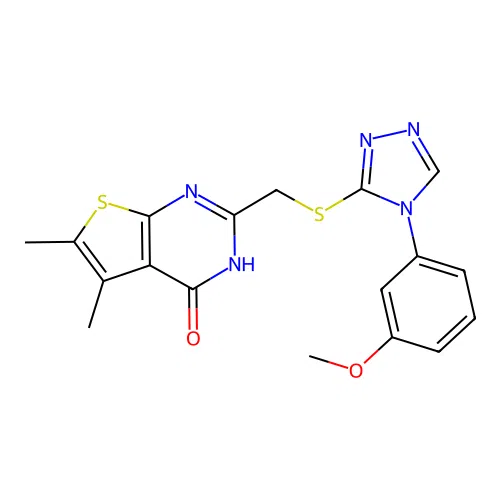 2-[[4-(3-methoxyphenyl)-1,2,4-triazol-3-yl]sulfanylmethyl]-5,6-dimethyl-3H-thieno[2,3-d]pyrimidin-4-one structure