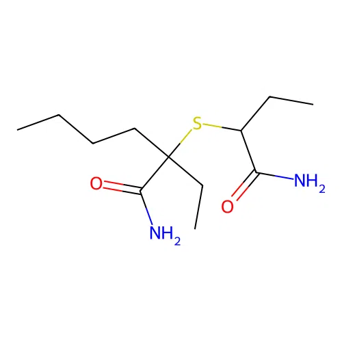 2-(1-Amino-1-oxobutan-2-yl)sulfanyl-2-ethylhexanamide structure