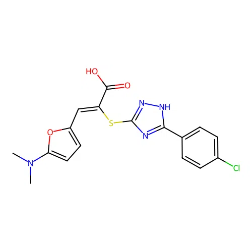 (Z)-2-[[5-(4-chlorophenyl)-1H-1,2,4-triazol-3-yl]sulfanyl]-3-[5-(dimethylamino)furan-2-yl]prop-2-enoic acid structure