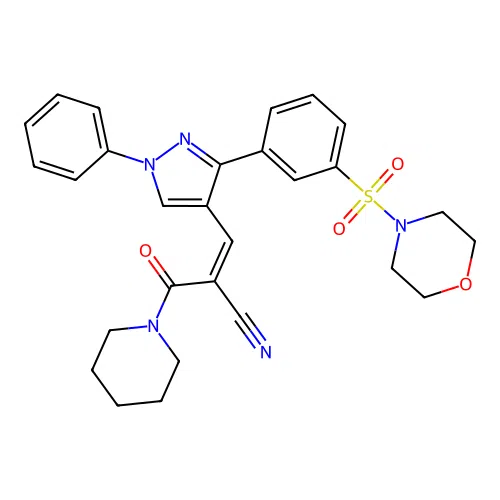 (Z)-3-(3-(3-(morpholinosulfonyl)phenyl)-1-phenyl-1H-pyrazol-4-yl)-2-(piperidine-1-carbonyl)acrylonitrile structure