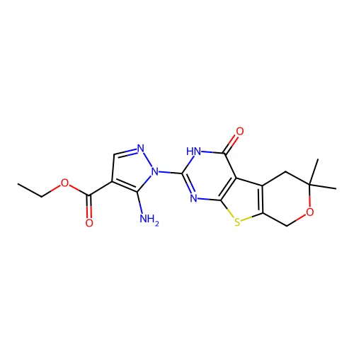 ethyl 5-amino-1-(6,6-dimethyl-4-oxo-4,5,6,8-tetrahydro-3H-pyrano[4',3':4,5]thieno[2,3-d]pyrimidin-2-yl)-1H-pyrazole-4-carboxylate structure