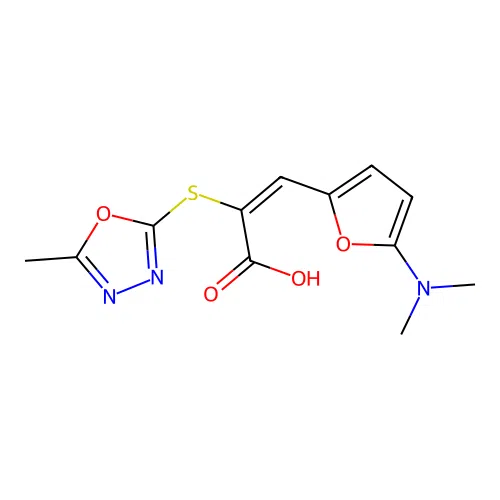 (E)-3-(5-dimethylamino-2-furyl)-2-[(5-methyl-1,3,4-oxadiazol-2-yl)sulfanyl]prop-2-enoic Acid structure