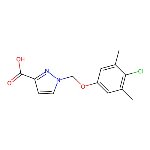 1-[(4-chloro-3,5-dimethylphenoxy)methyl]-1H-pyrazole-3-carboxylic acid structure