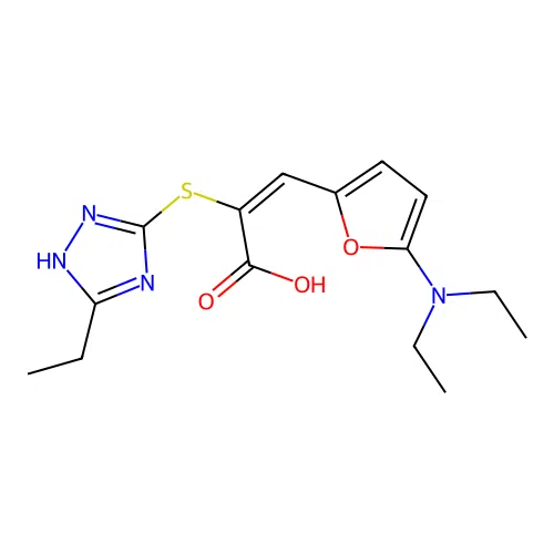 (E)-3-(5-diethylamino-2-furyl)-2-[(5-ethyl-1H-1,2,4-triazol-3-yl)sulfanyl]prop-2-enoic Acid structure