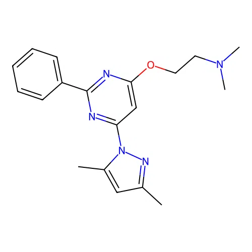 2-((6-(3,5-dimethyl-1H-pyrazol-1-yl)-2-phenylpyrimidin-4-yl)oxy)-N,N-dimethylethanamine structure