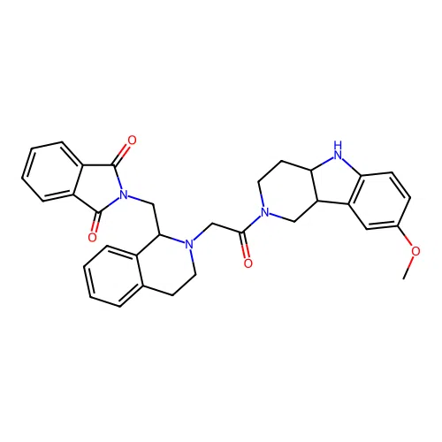 2-((2-(2-(8-methoxy-3,4,4a,5-tetrahydro-1H-pyrido[4,3-b]indol-2(9bH)-yl)-2-oxoethyl)-1,2,3,4-tetrahydroisoquinolin-1-yl)methyl)isoindoline-1,3-dione structure