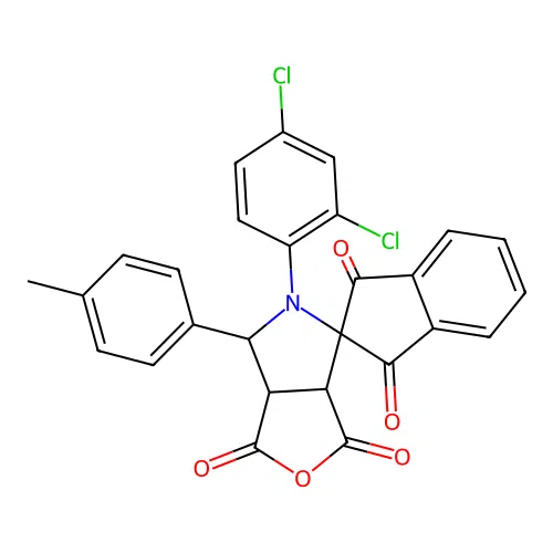 5-(2,4-dichlorophenyl)-6-(4-methylphenyl)-3a,5,6,6a-tetrahydrospiro[furo[3,4-c]pyrrole-4,2'-indene]-1,1',3,3'-tetrone structure
