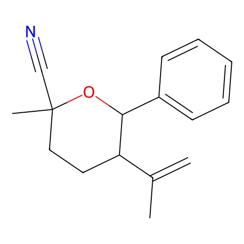 2-methyl-6-phenyl-5-(prop-1-en-2-yl)tetrahydro-2H-pyran-2-carbonitrile structure