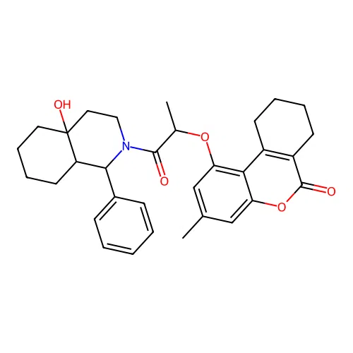 1-[1-(4a-hydroxy-1-phenyl-1,3,4,5,6,7,8,8a-octahydroisoquinolin-2-yl)-1-oxopropan-2-yl]oxy-3-methyl-7,8,9,10-tetrahydrobenzo[c]chromen-6-one structure